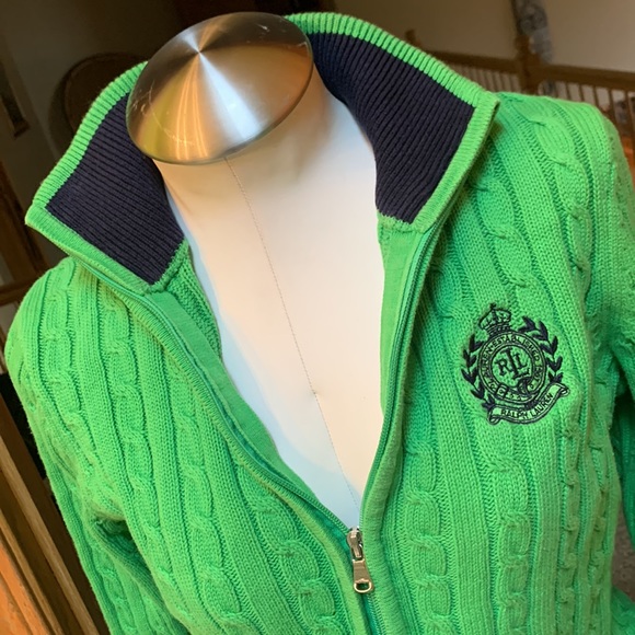 Ralph Lauren cable knit full zip lime green and navy blue sweater Medium - Picture 4 of 17